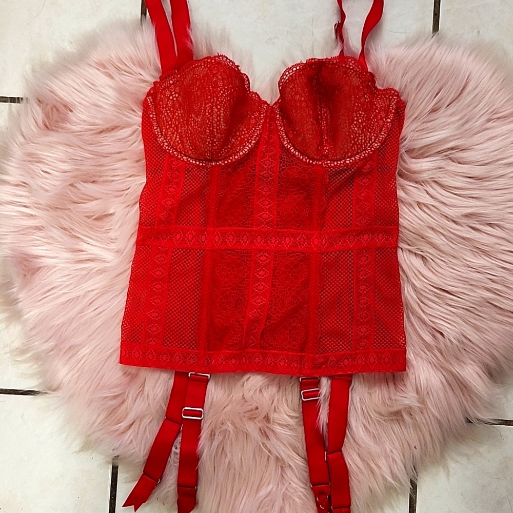 PRE-LOVED VICTORIA'S SECRET FLORAL LACE, FISHNET & MESH BUSTIER W/GARTER-32C